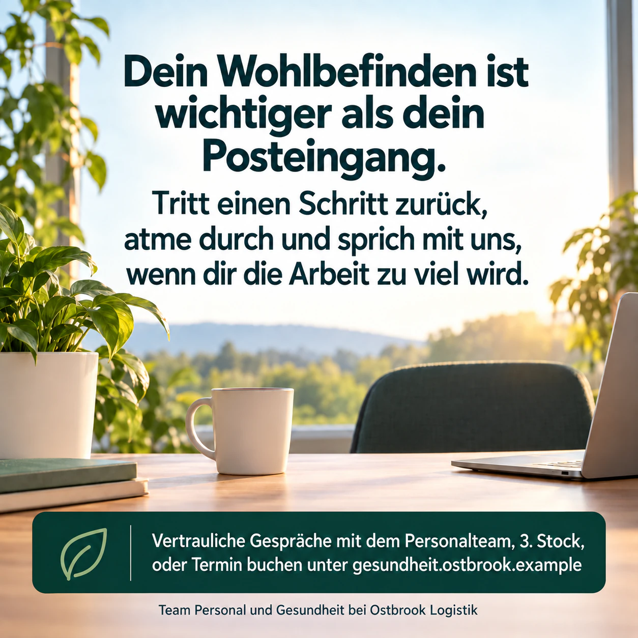 Plakat zur psychischen Gesundheit mit eurer freigegebenen Botschaft: Lange Botschaft am Arbeitsplatz mit ausführlichen Hilfsangeboten und ohne Quellenzeile