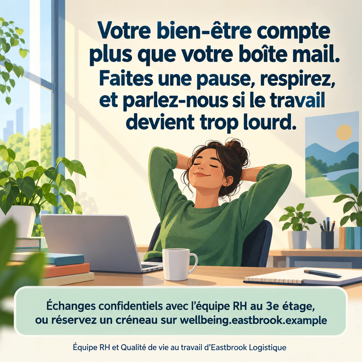 Affiche de sensibilisation à la santé mentale avec votre message validé : Long message en entreprise, panneau d’aide détaillé et aucune source