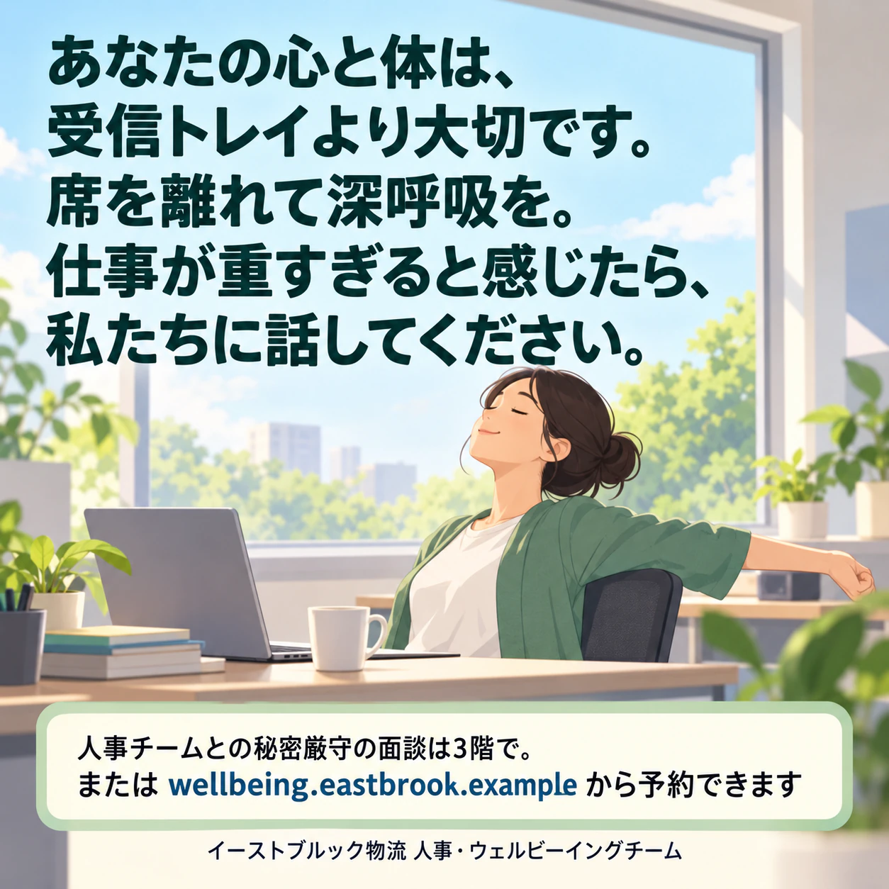 承認済みのメッセージで作るメンタルヘルス啓発ポスター：長い職場向けメッセージ、詳しい窓口パネル、出典なし