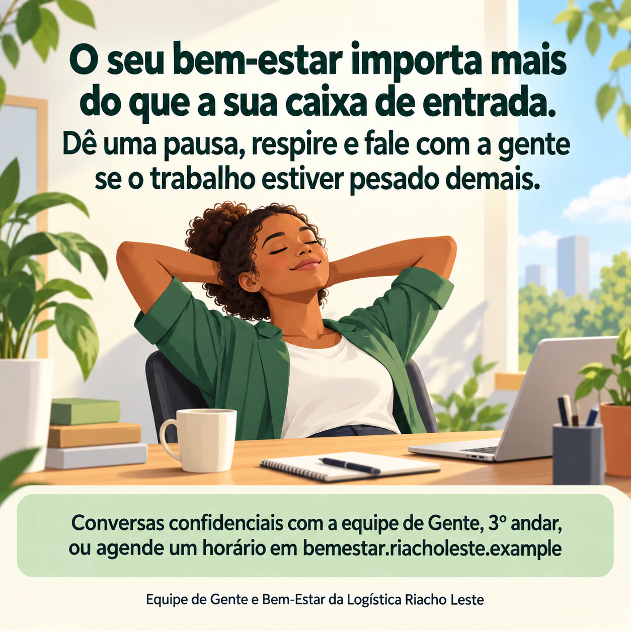 Pôster de conscientização sobre saúde mental com a sua mensagem aprovada: Mensagem longa para o trabalho, painel de apoio detalhado e sem fonte