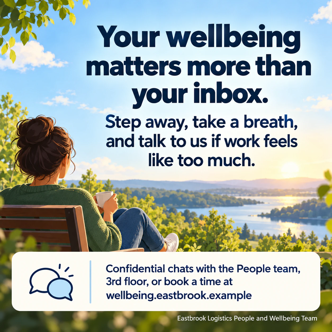 Mental health awareness poster with your approved message: Long workplace message with a detailed support panel and no source line