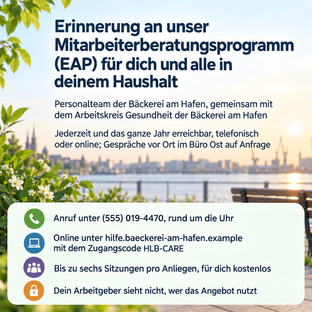 Flyer zur psychischen Gesundheit für eine Aktion oder ein Hilfsangebot: Jederzeit erreichbares Beratungsprogramm für Beschäftigte mit mehreren Kontaktzeilen