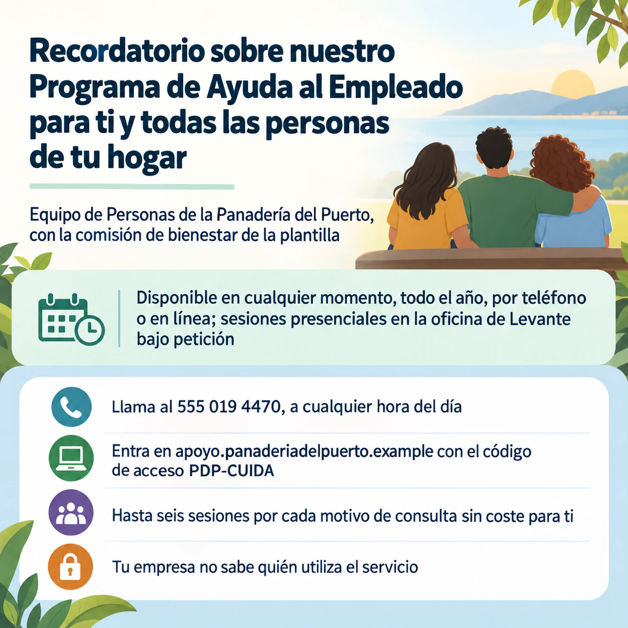 Flyer de salud mental para una jornada de sensibilización o un servicio de apoyo: Programa de ayuda al empleado siempre disponible con varias vías de contacto