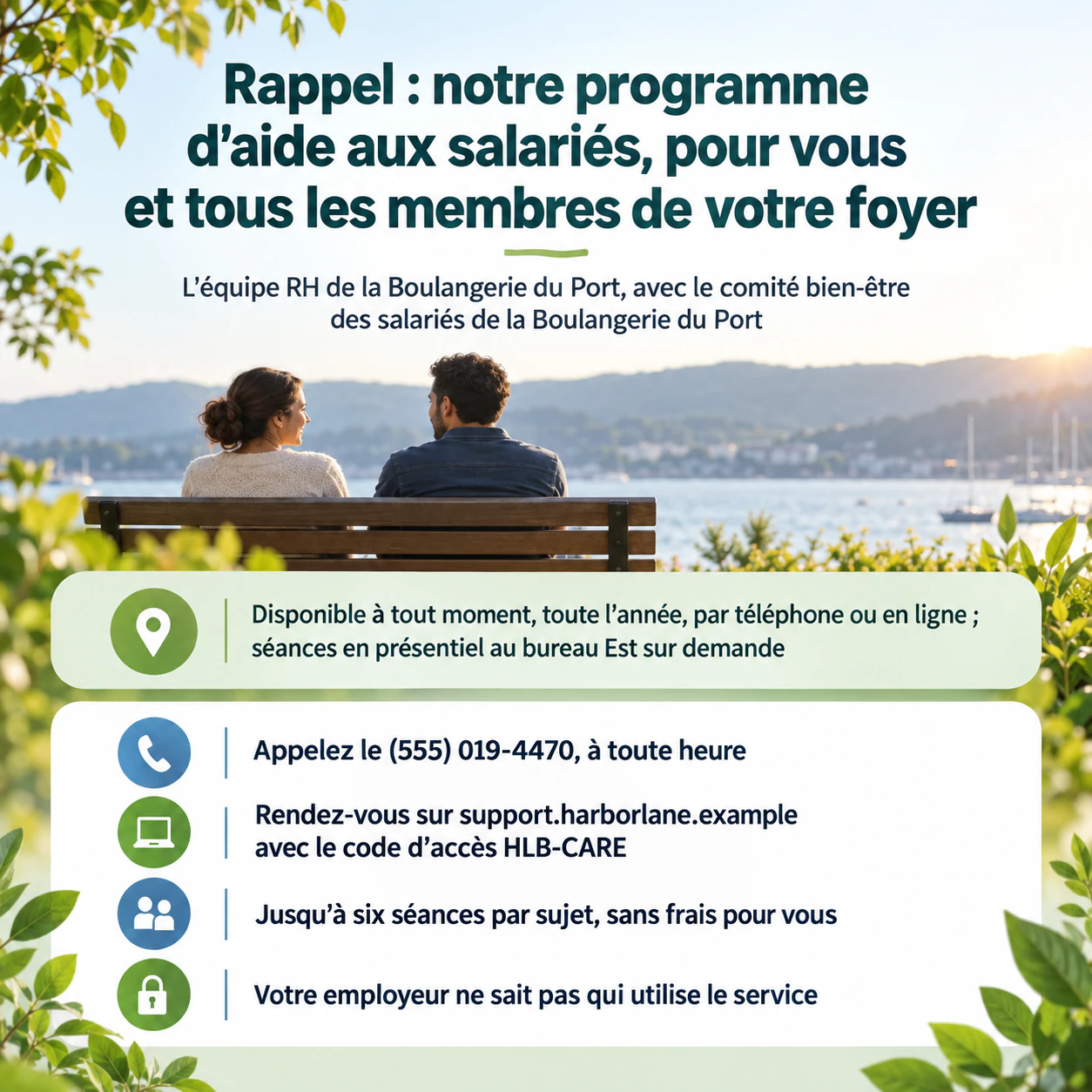 Flyer santé mentale pour un événement de sensibilisation ou un service de soutien : Programme d’aide aux salariés disponible en permanence, avec plusieurs lignes de contact