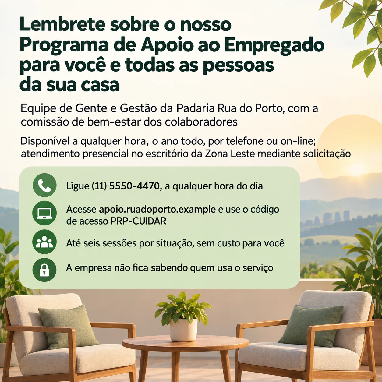 Flyer de saúde mental para um evento de conscientização ou um serviço de apoio: Programa de apoio ao empregado sempre disponível, com vários contatos