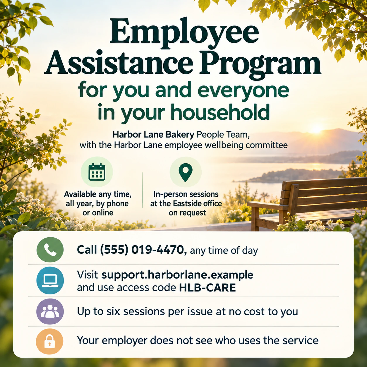 Mental health flyer for an awareness event or support service: Always-available workplace assistance program with several contact lines