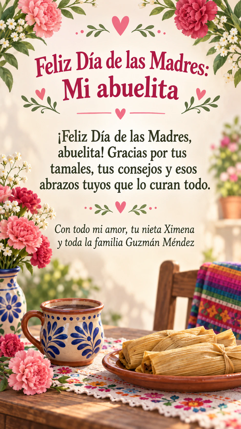 Imagen del Día de la Madre para tu hija, tu tía, tu abuela o tu amiga: Mensaje en español de México para una abuela, firma larga y sin nombre