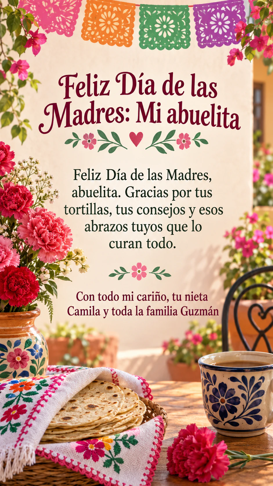Image de fête des Mères pour une fille, une tante, une mamie ou une amie : Message en espagnol pour une grand-mère, longue signature, sans prénom