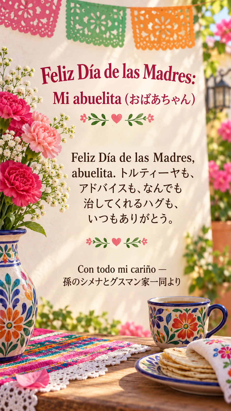 娘、おば、おばあちゃん、友達に贈る母の日の画像：祖母に宛てたスペイン語まじりのメッセージ、長い差出人、名前なし
