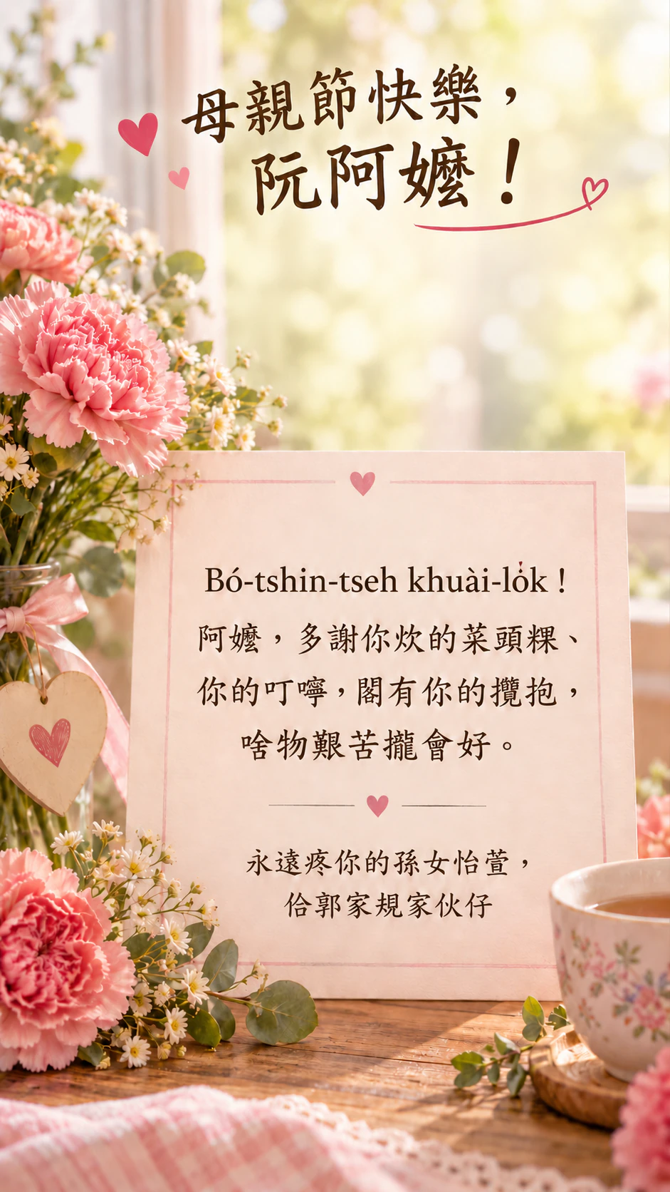 送給女兒、阿姨、阿嬤或好朋友的母親節圖片：用台語寫給阿嬤，署名很長，沒有填名字