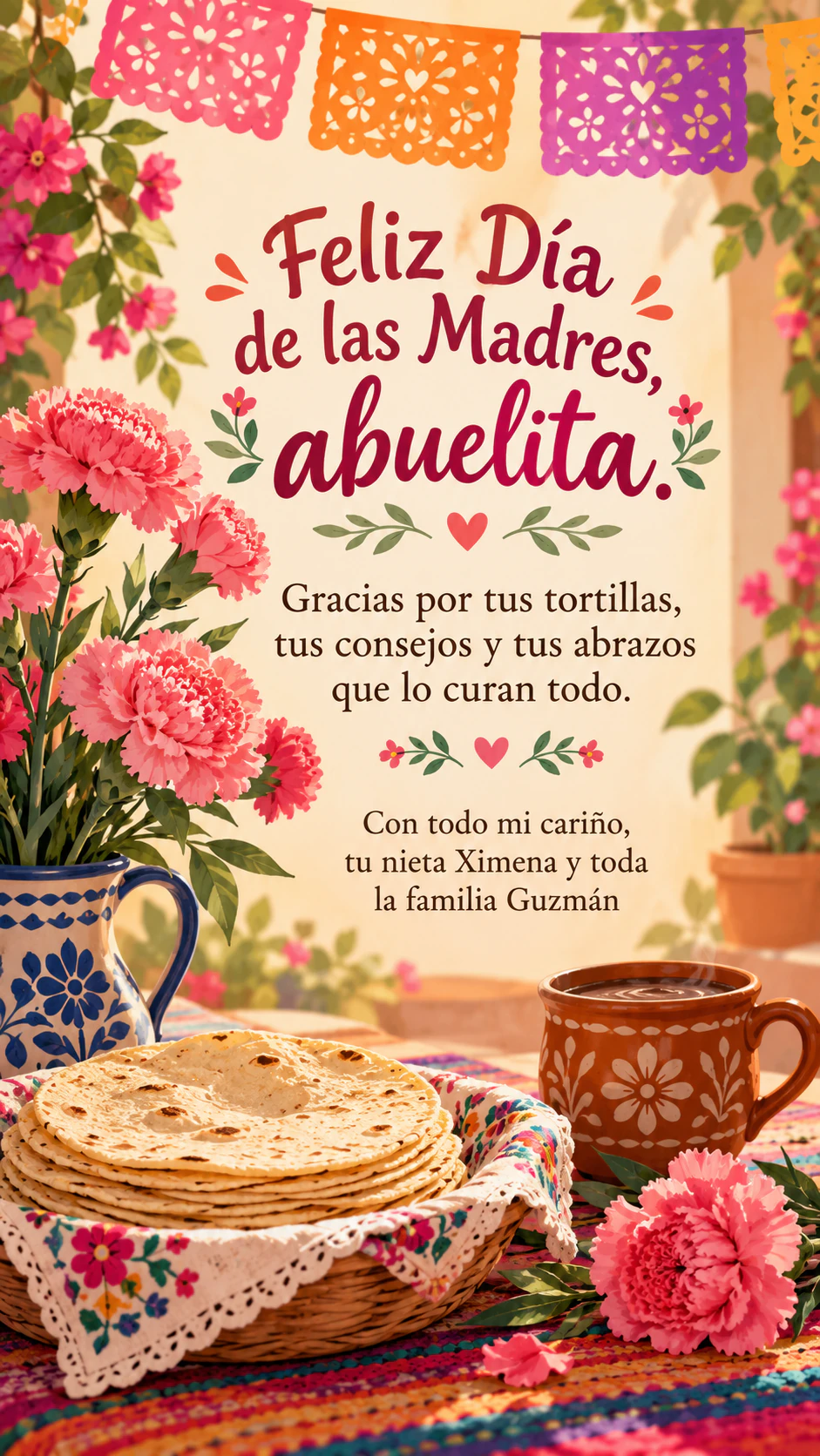 Mother's Day image for a daughter, aunt, grandma or friend: Spanish message to a grandmother, long sign-off, no name