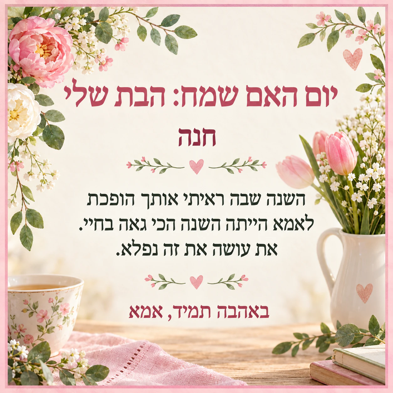 דוגמה: תמונת יום האם לבת, לדודה, לסבתא או לחברה