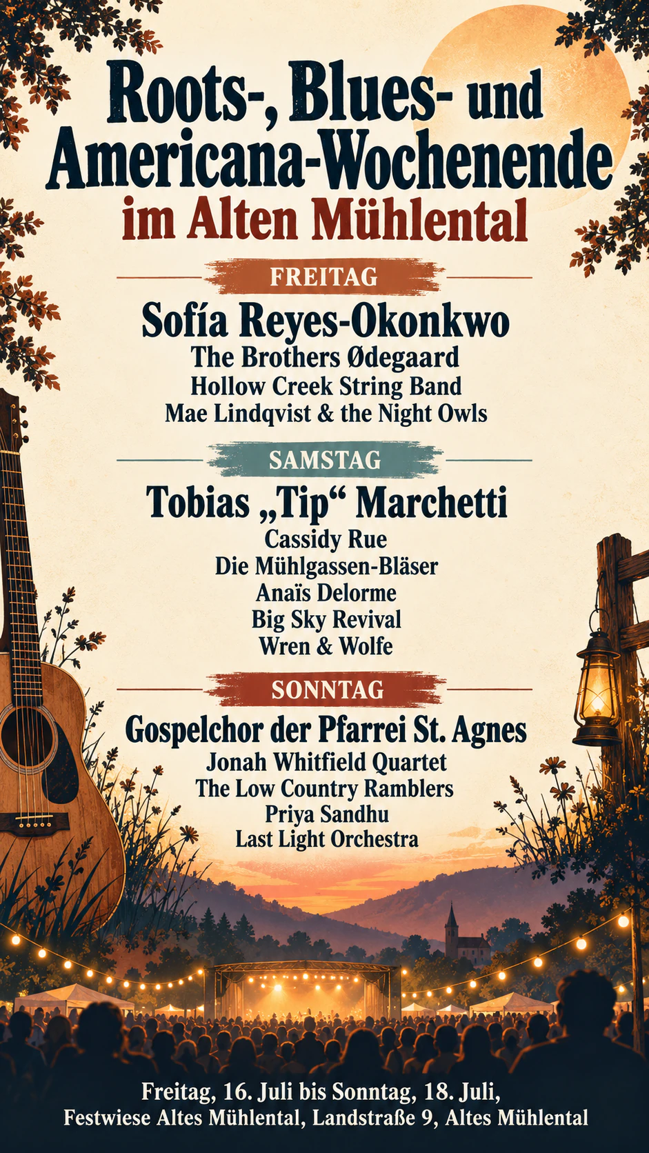 Flyer für ein Musikfestival mit deinem Line-up in Billing-Reihenfolge: Drei Tage, fünfzehn Acts mit Sonderzeichen, ohne Tickets oder Stimmung
