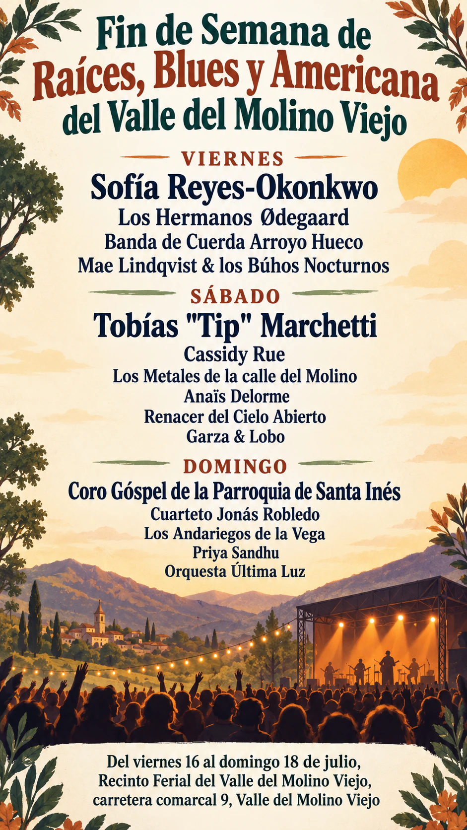 Flyer de festival de música con tu cartel en orden de importancia: Cartel de tres días con quince artistas, nombres con tilde y sin entradas ni estilo