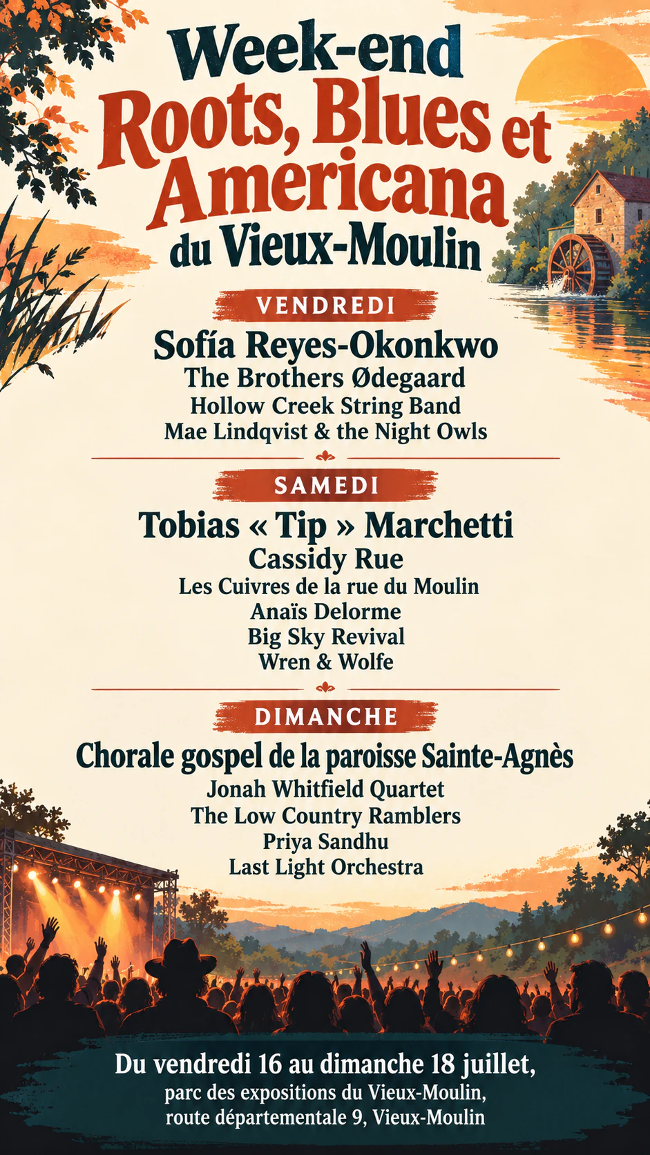 Flyer de festival de musique avec votre programmation dans l’ordre d’affiche : Programmation de quinze artistes sur trois jours, noms accentués, sans billets ni ambiance
