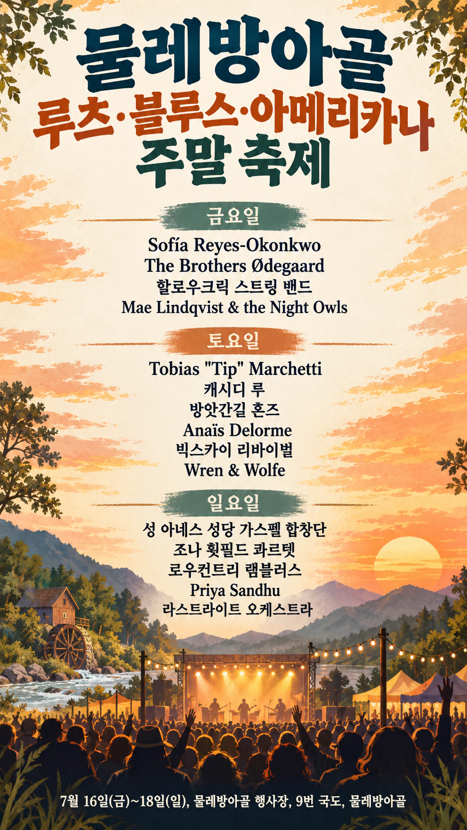 라인업을 입력한 순서대로 담은 음악 페스티벌 전단지: 발음 기호가 있는 이름을 포함한 15팀, 3일 라인업, 티켓·분위기 없음
