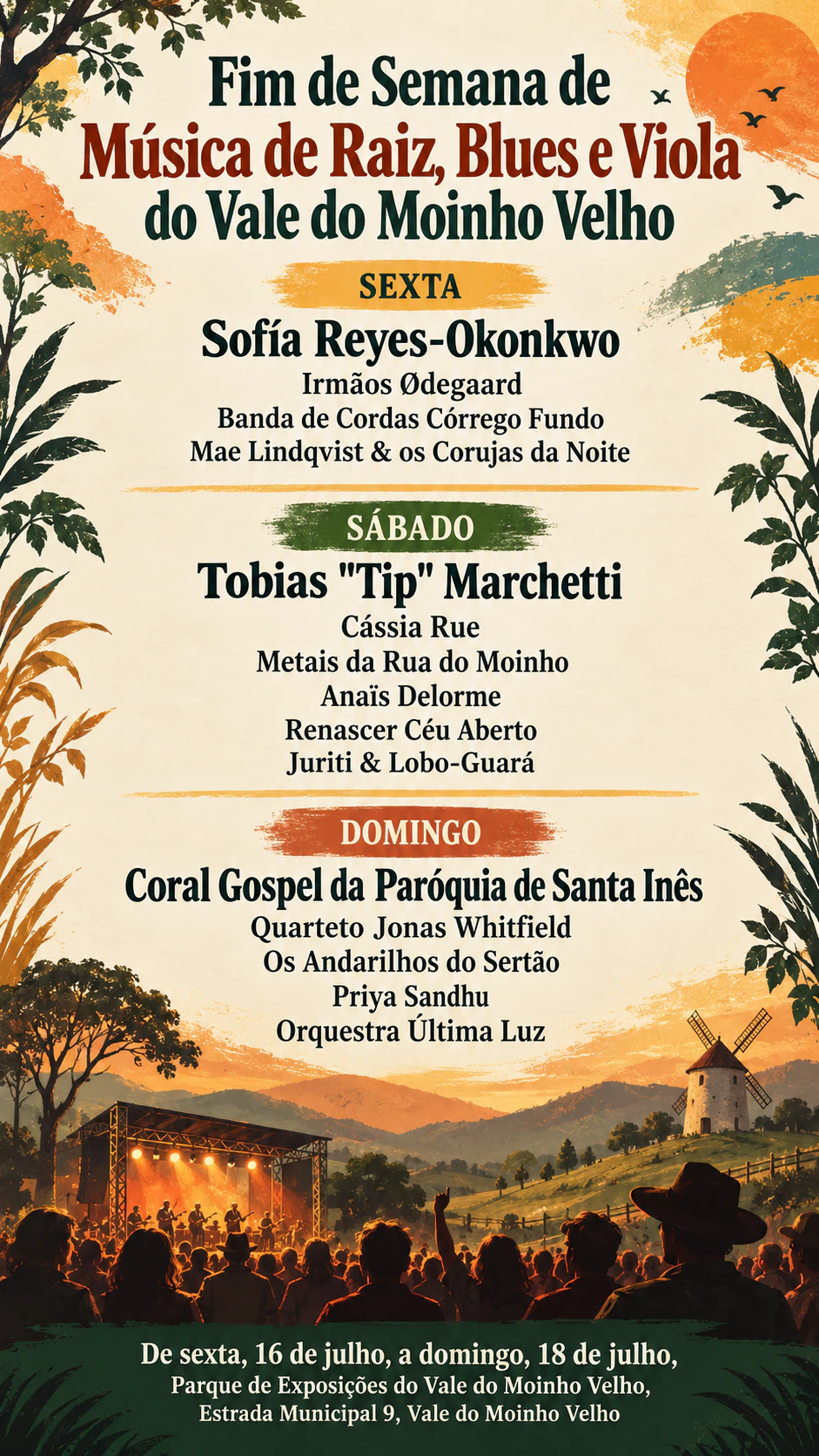 Flyer de festival de música com o line-up na ordem de destaque: Line-up de três dias com quinze atrações, nomes acentuados e sem ingressos nem clima