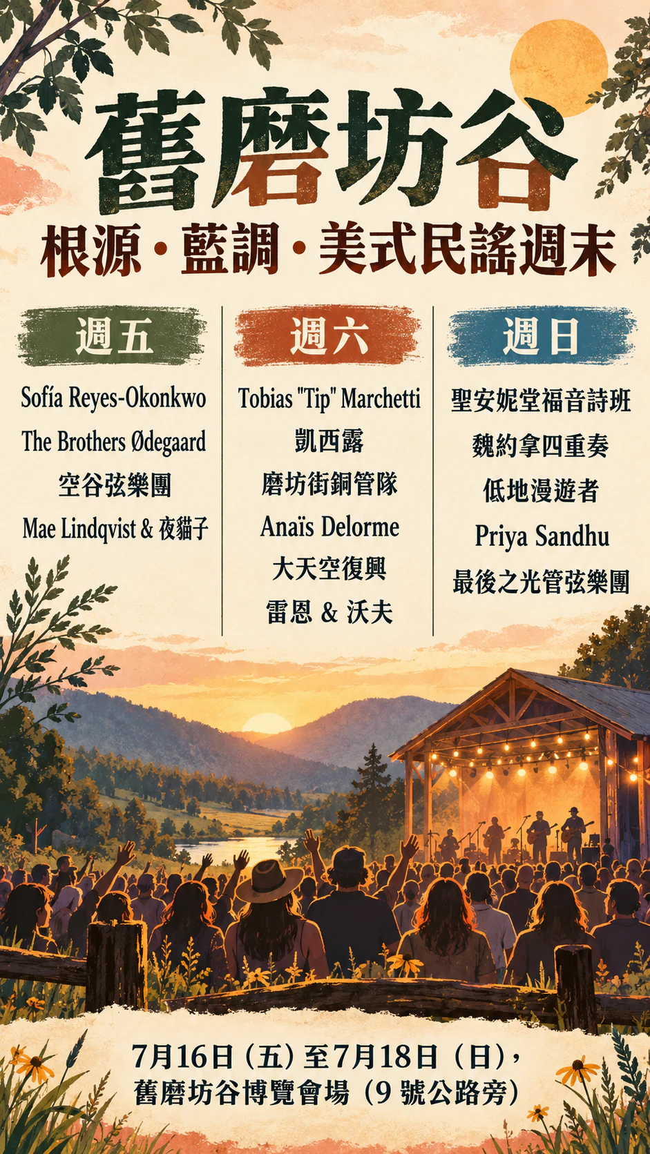 依卡司排序呈現演出陣容的音樂祭傳單：三天共十五組演出，名字帶重音符號，沒有票務與氛圍設定