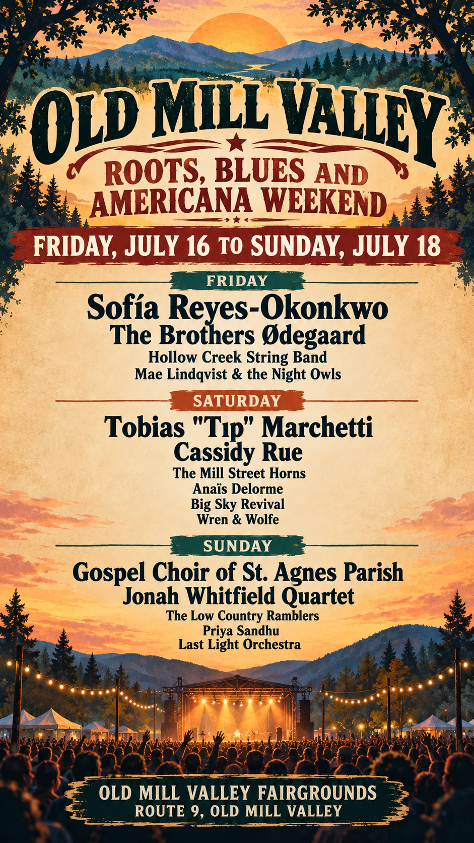 Music festival flyer with your lineup in billing order: Three-day lineup of fifteen acts with accented names and no tickets or mood