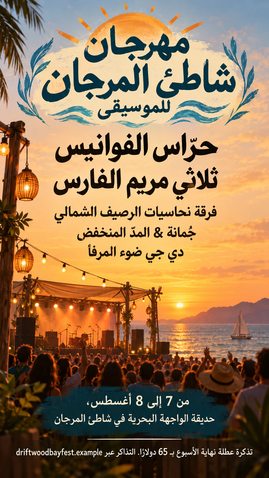 مثال على منشور إعلاني لمهرجان موسيقي بقائمة الفنانين حسب ترتيب الأسماء الذي تقدمه