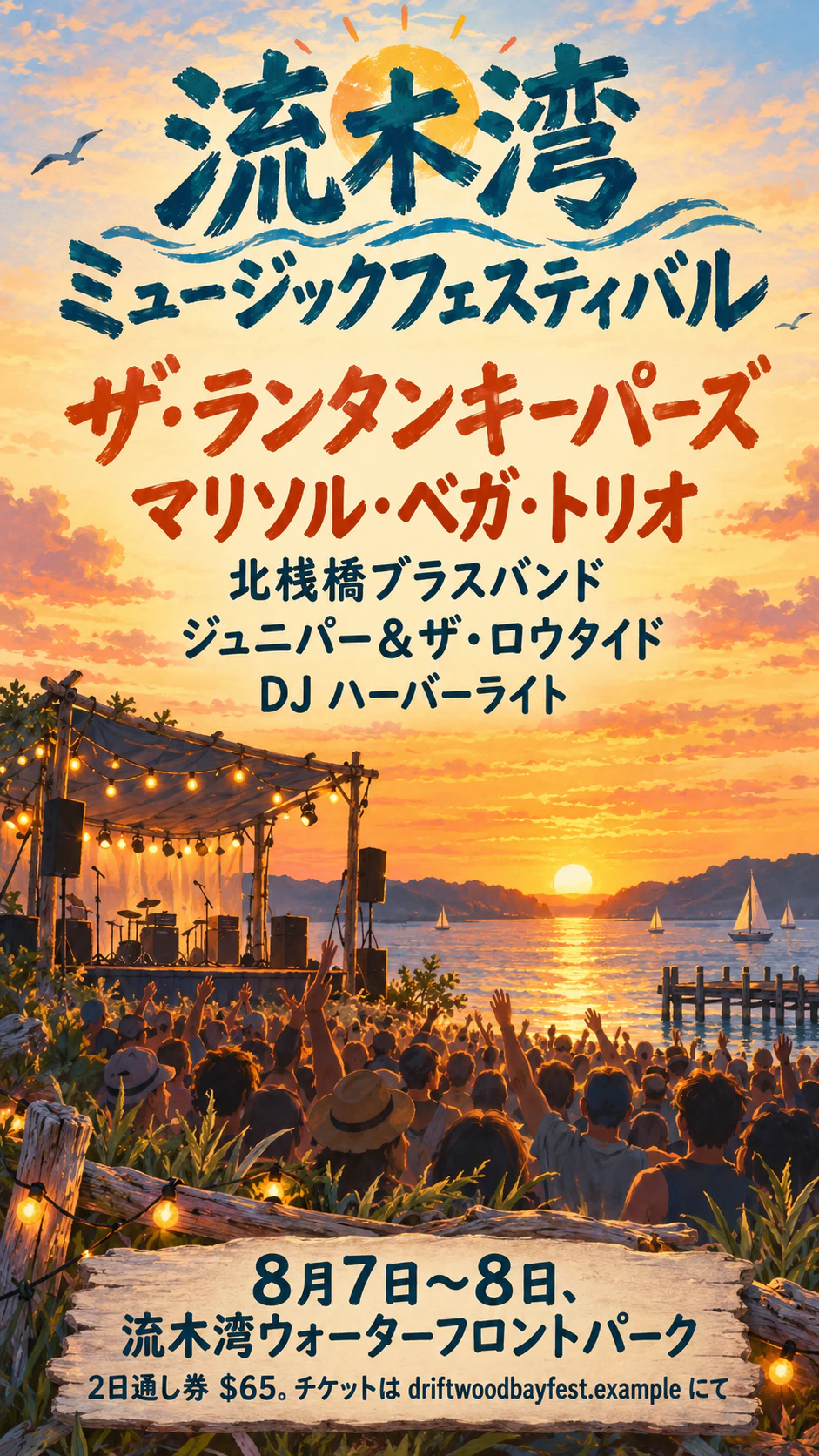 出演者を掲載順に並べる音楽フェスのチラシの作例