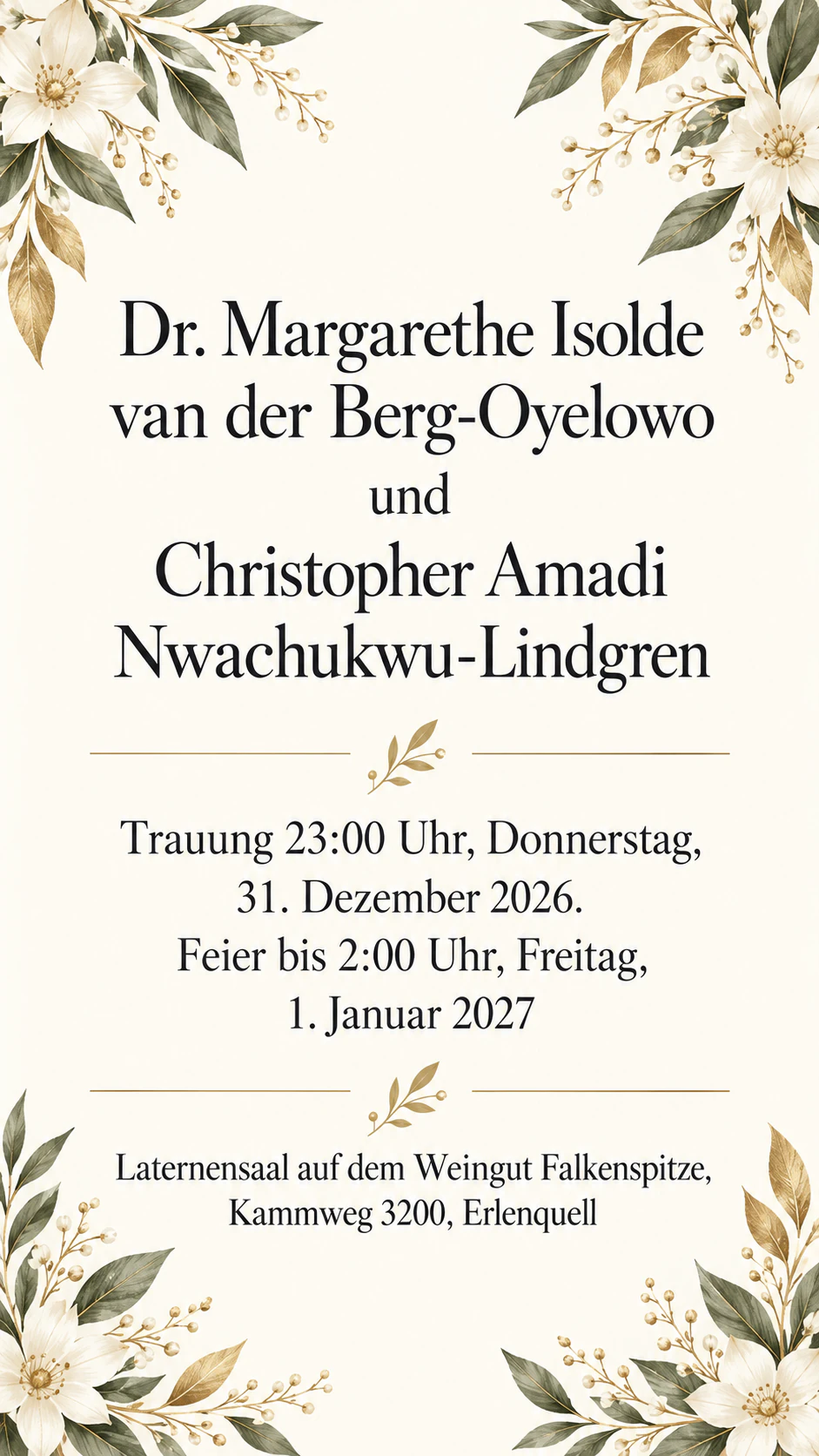Hochzeitseinladung für Silvester: Trauung vor Mitternacht, Feier bis in den 1. Januar, lange Namen, kein Gruß