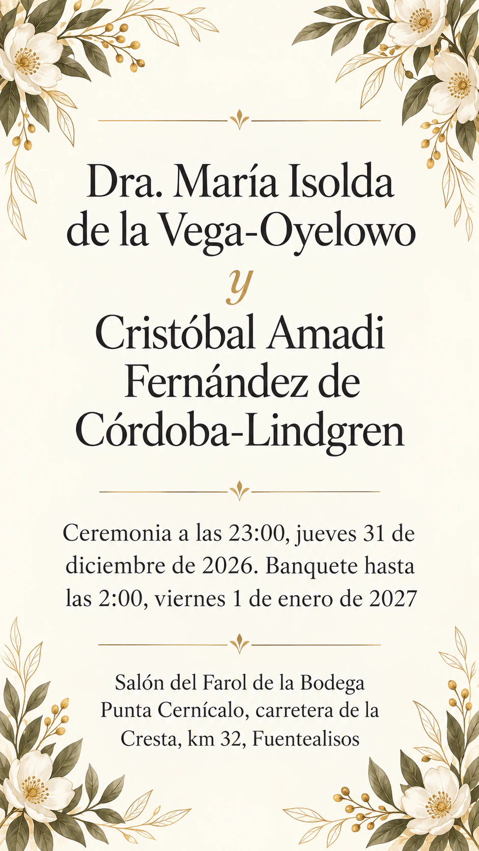 Invitación de boda en Nochevieja: Ceremonia antes de medianoche, banquete hasta el 1 de enero, nombres largos y sin saludo