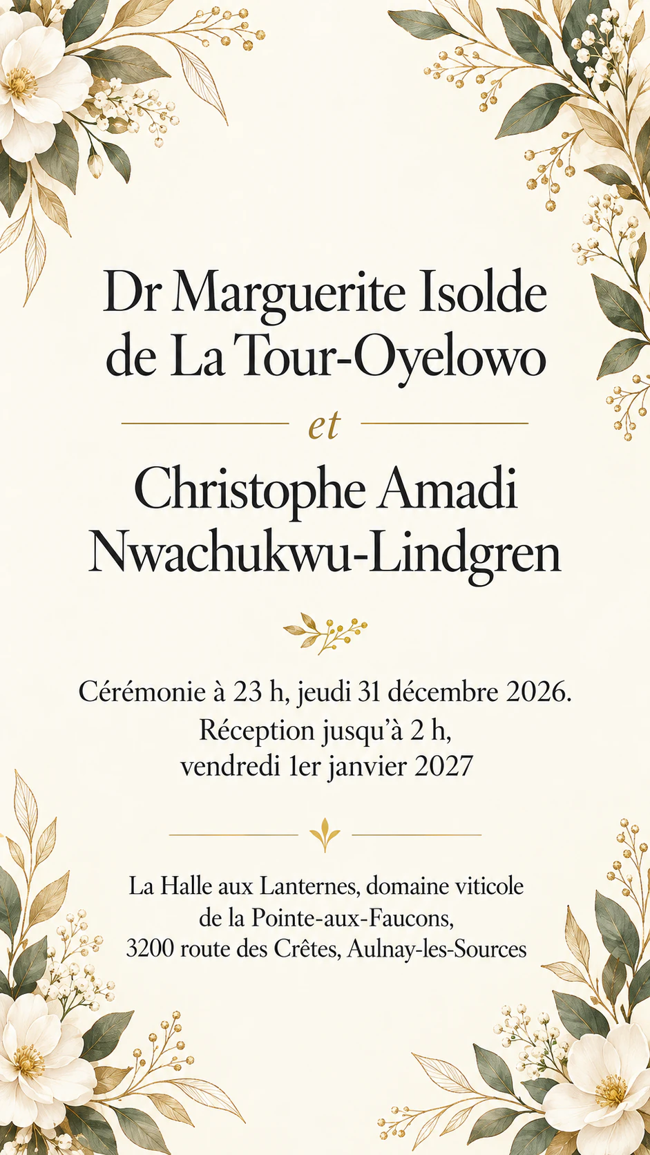 Invitation de mariage pour le réveillon du Nouvel An : Cérémonie avant minuit, réception jusqu’au 1er janvier, noms longs, sans message