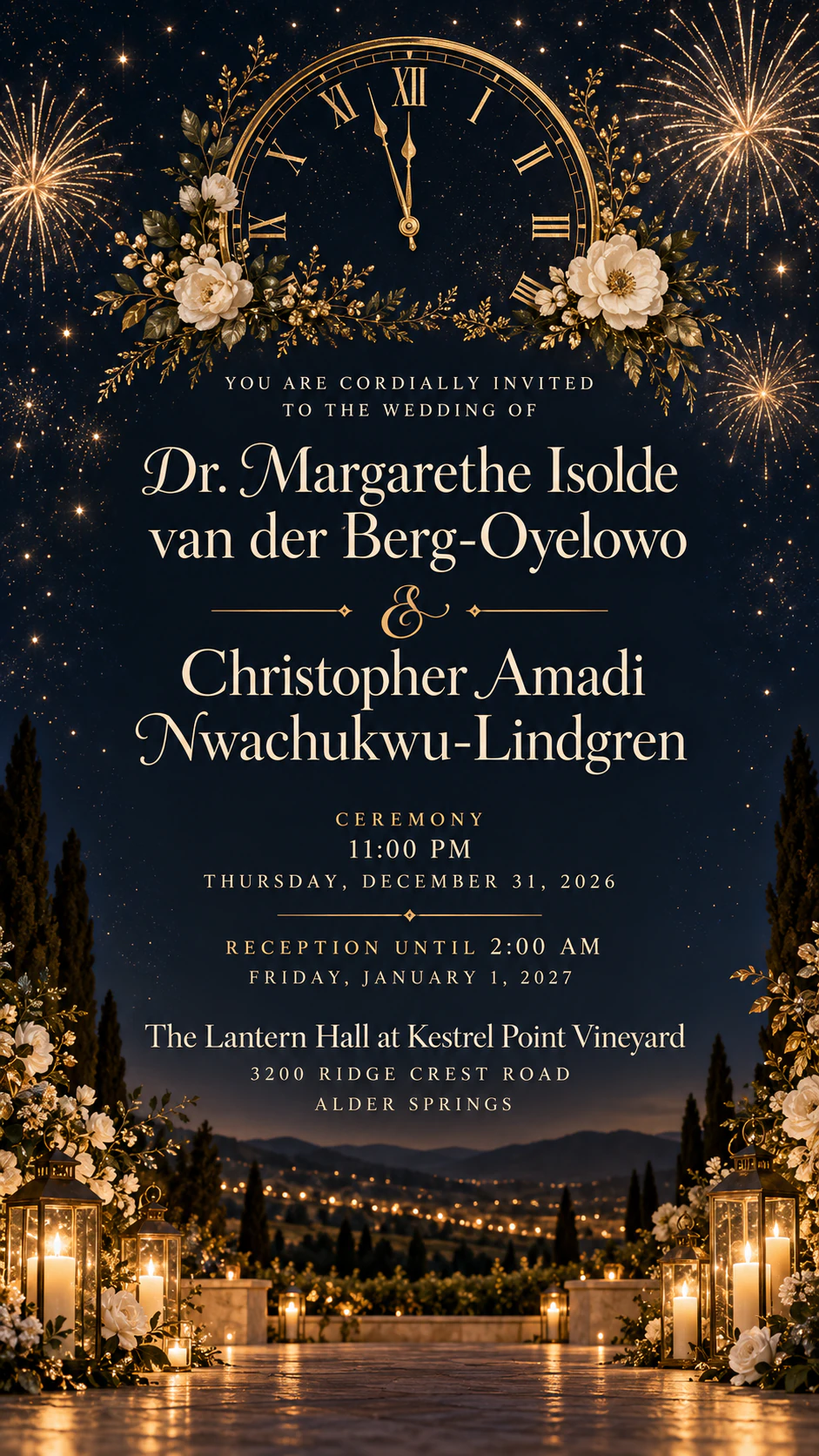 New Year's Eve wedding invitation: Ceremony before midnight, reception into January 1, long names, no greeting