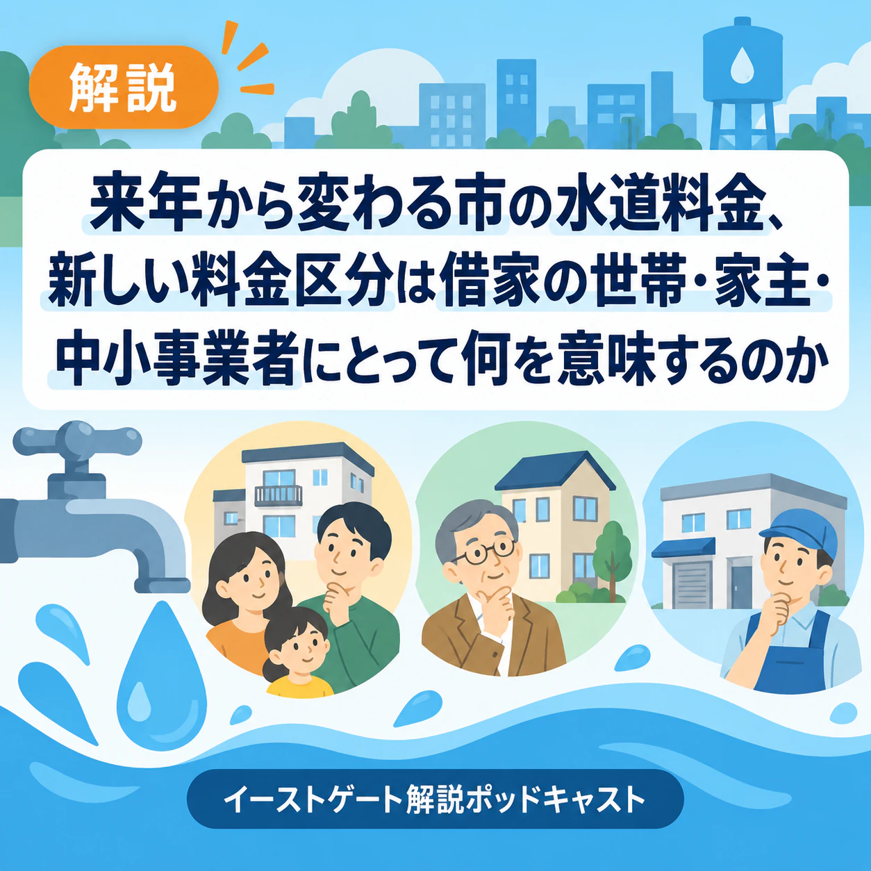 確認済みの見出しとイラストで作るニュースのサムネイル：カテゴリーラベル付きの長い解説見出し、スタイル指定なし、正方形