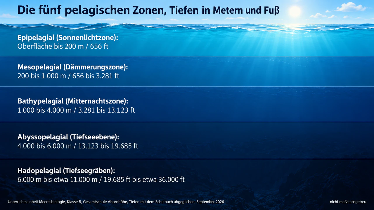 Infografik zu den Tiefenzonen des Meeres: Wissenschaftliche Zonennamen in Metern und Fuß, ohne Lebewesen