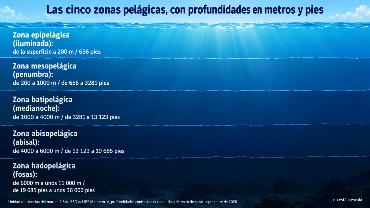 Infografía de las zonas de profundidad del océano: Nombres científicos de zona en metros y pies, sin seres vivos