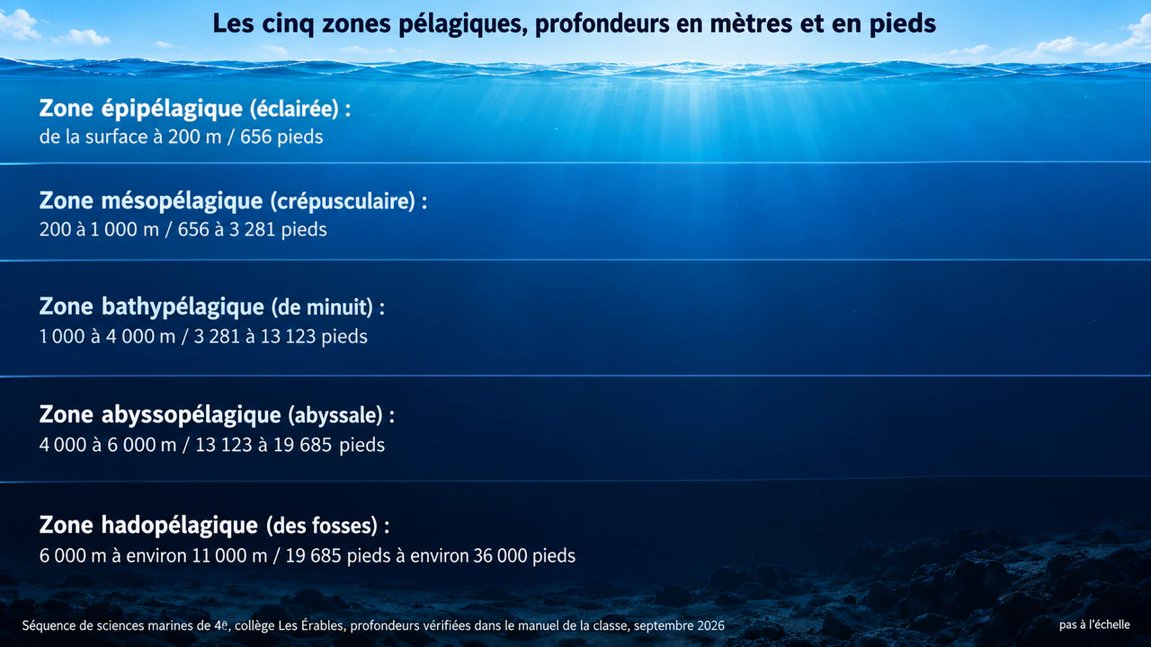 Infographie des zones de profondeur de l’océan : Noms scientifiques des zones en mètres et en pieds, sans animaux