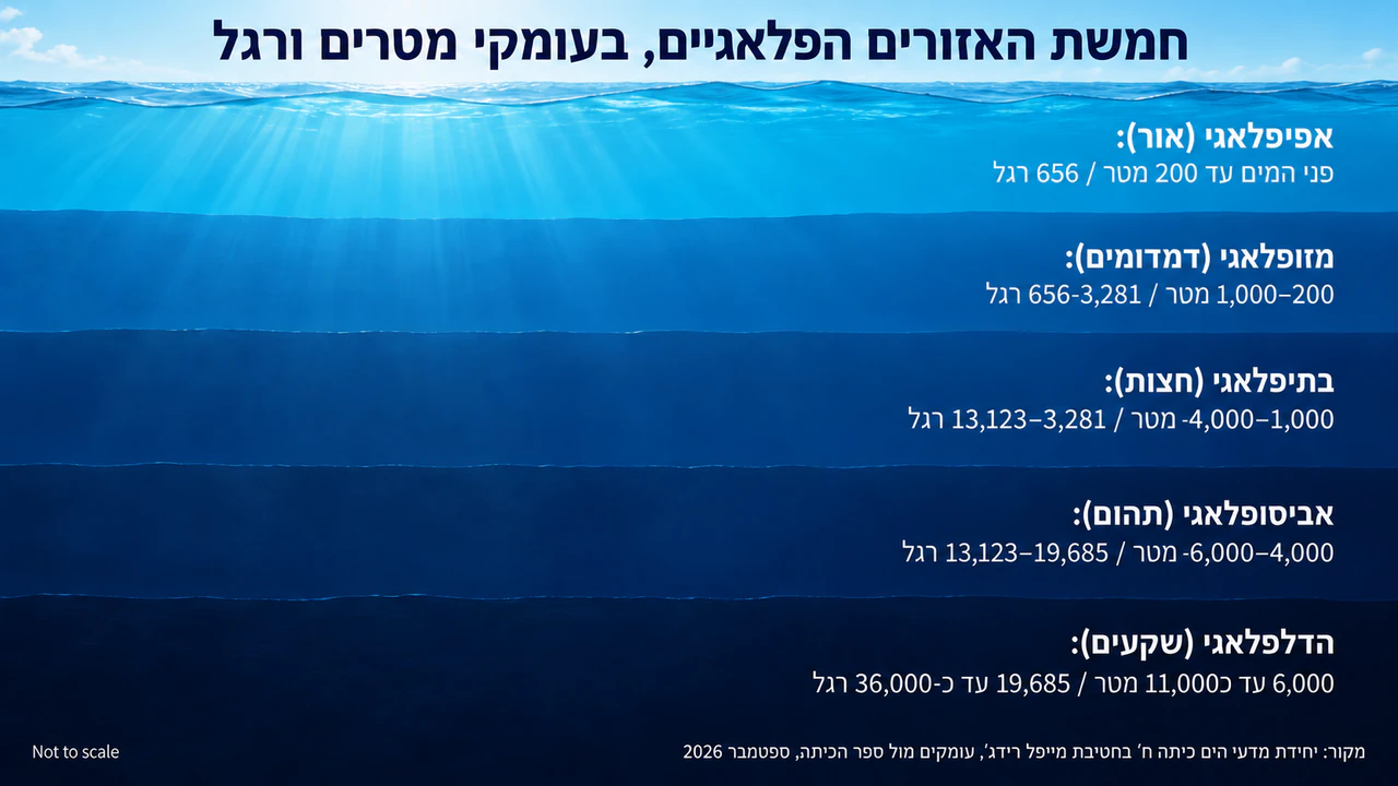 אינפוגרפיקה של אזורי עומק באוקיינוס: שמות מדעיים במטרים וברגל, ללא יצורים