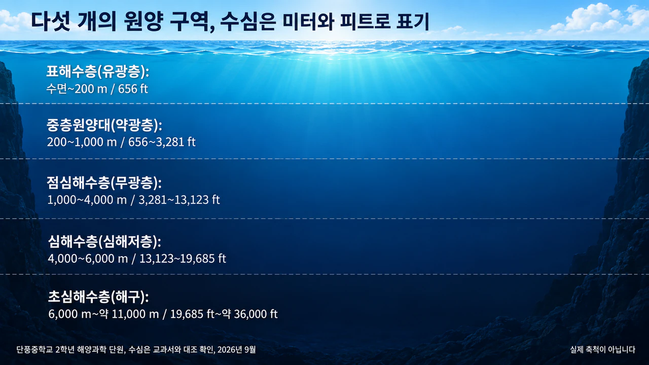 바다의 수심별 구역 인포그래픽: 미터와 피트를 함께 쓴 학술 구역명, 생물 없음
