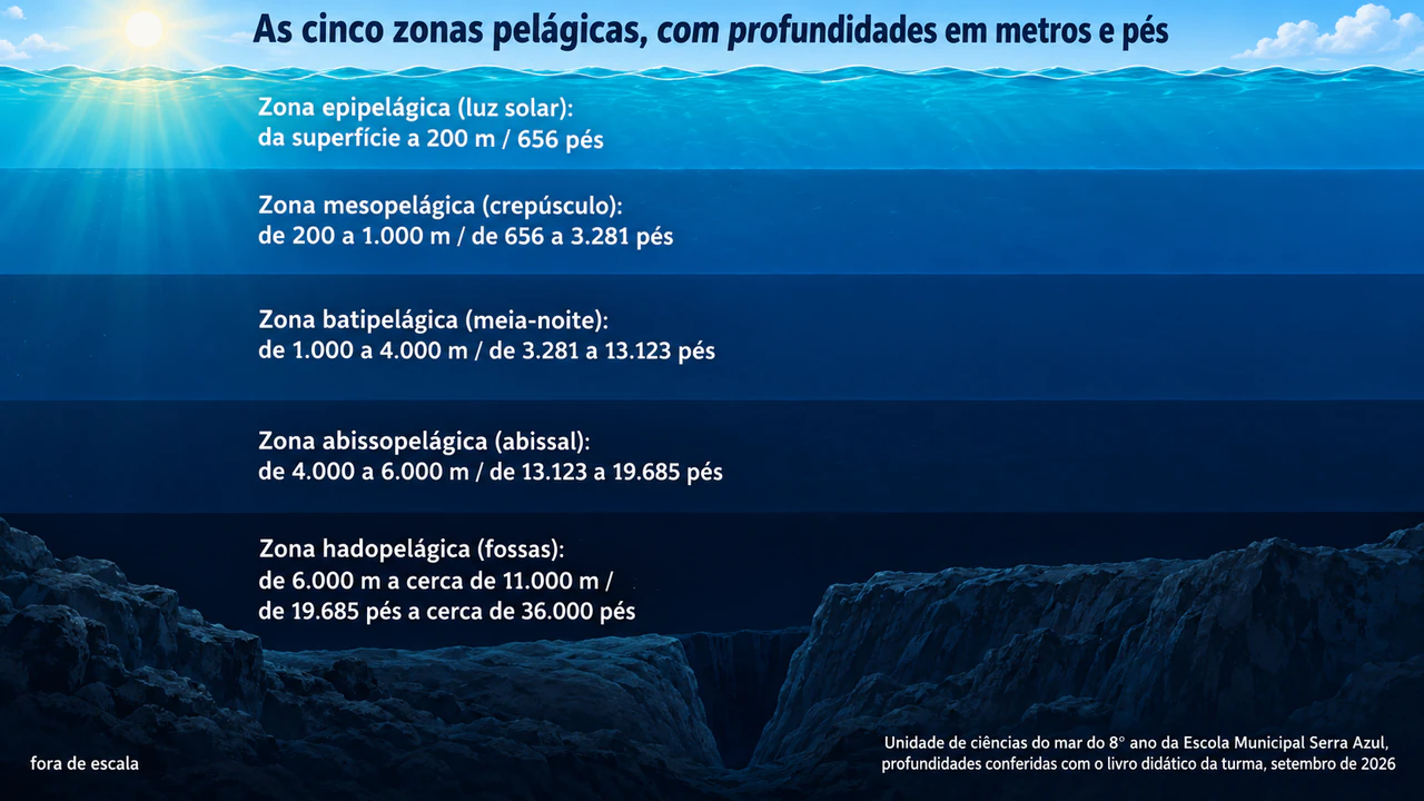 Infográfico das zonas de profundidade do oceano: Nomes científicos das zonas em metros e pés, sem animais