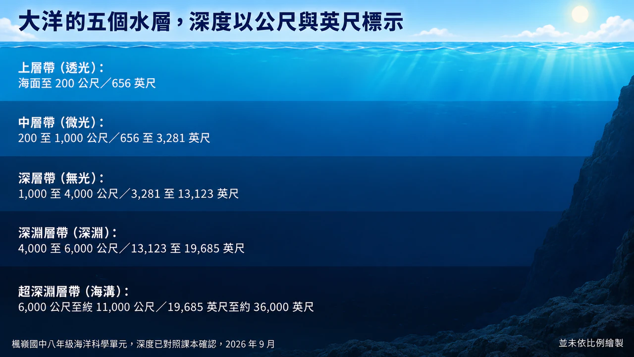 海洋深度分層資訊圖表：使用學術分層名稱，同時標示公尺與英尺，沒有生物