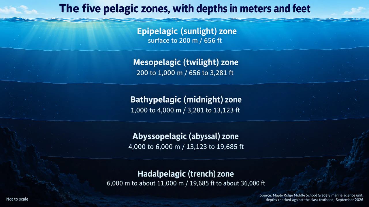 Ocean depth zones infographic: Scientific zone names in meters and feet, no creatures