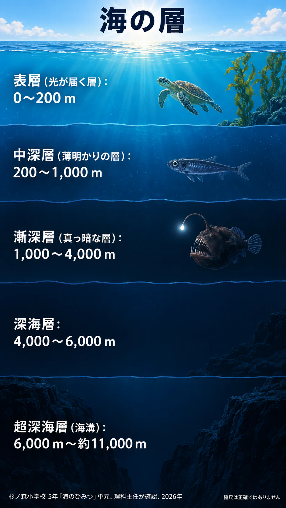 海の深さの層を示すインフォグラフィックの作例