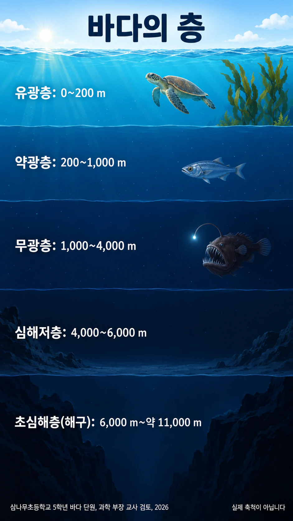 바다의 수심별 구역 인포그래픽 예시