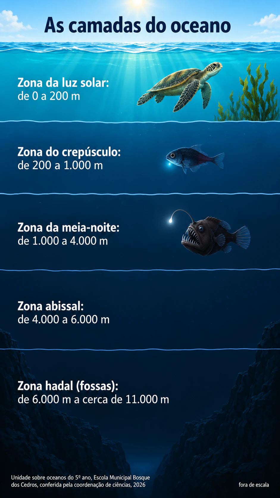 Exemplo de Infográfico das zonas de profundidade do oceano