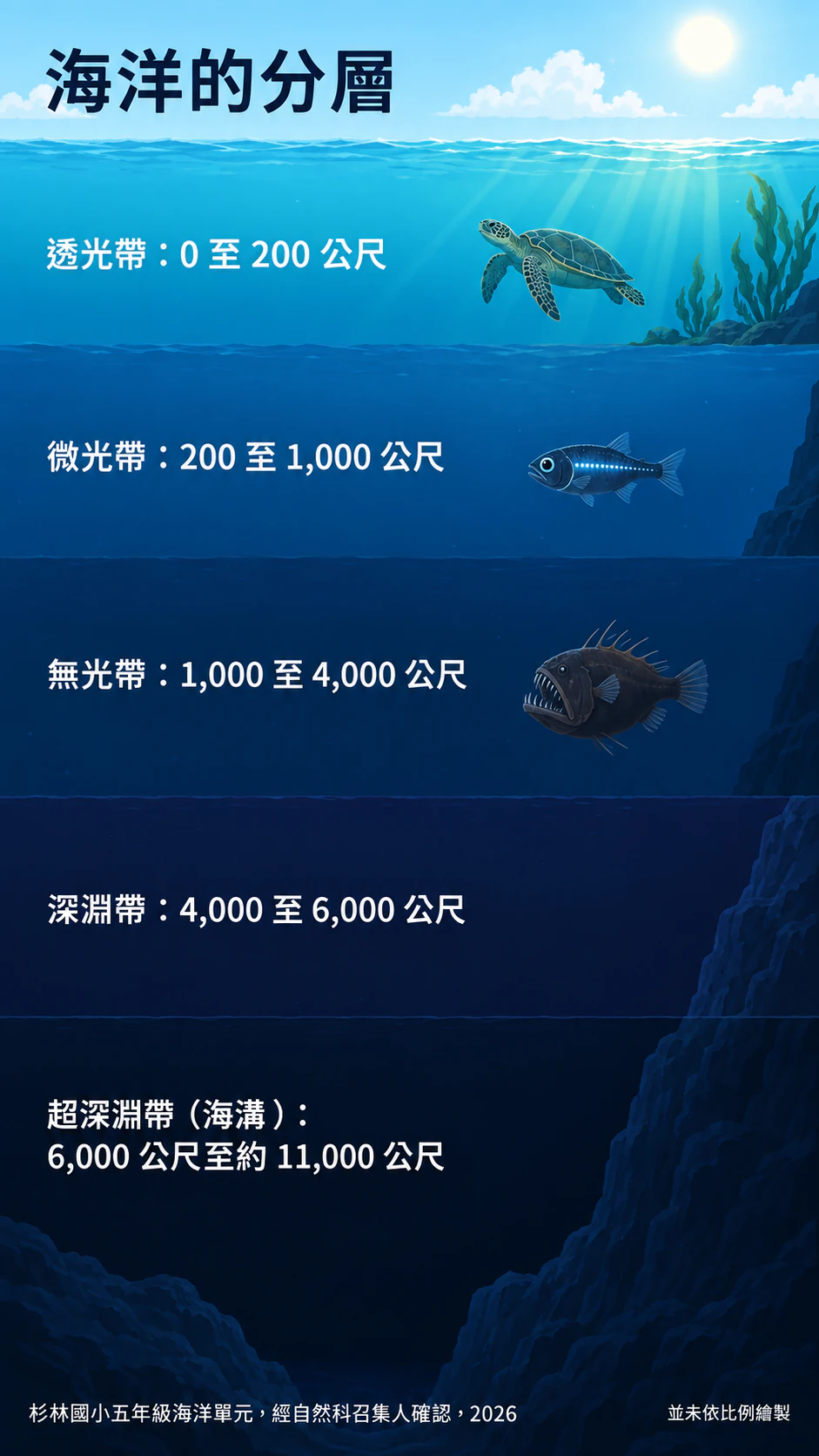 海洋深度分層資訊圖表範例