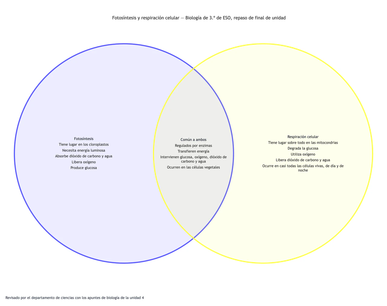 Ejemplo de Fotosíntesis y respiración celular comparadas en un diagrama de Venn