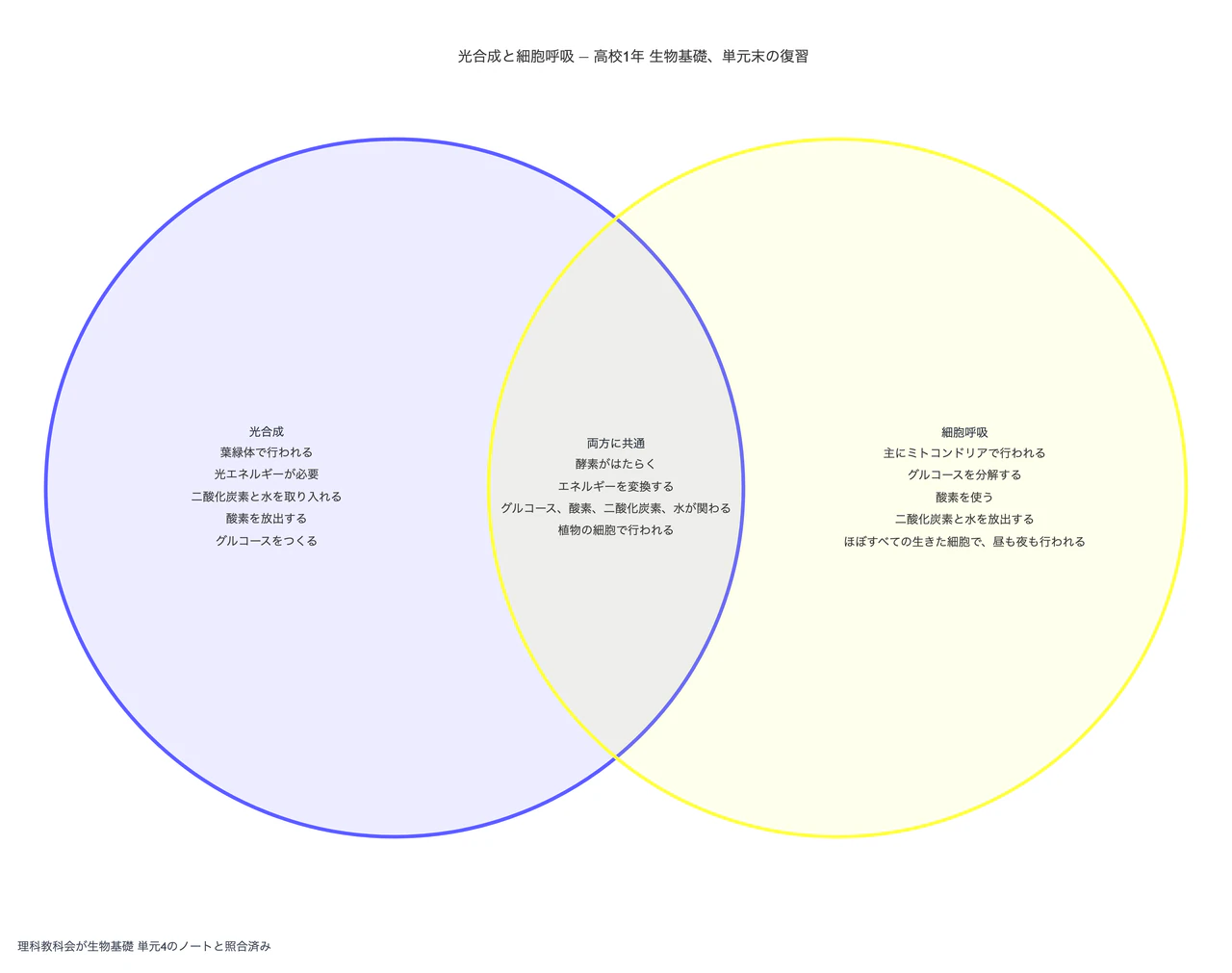 光合成と細胞呼吸をベン図で比べるの作例