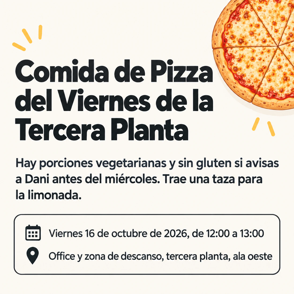 Flyer e invitación para una fiesta de pizza: Frase gancho larga con una nota sobre dietas, sin anfitrión, en cuadrado