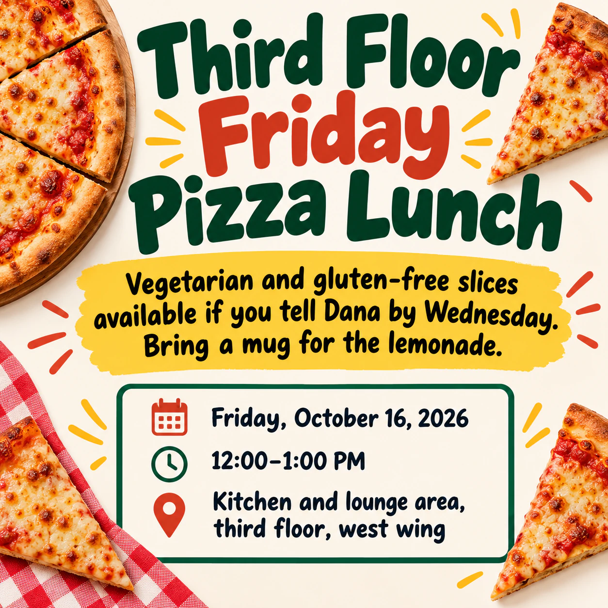 Pizza party flyer and invitation: Long call-out with a dietary note, no host, square