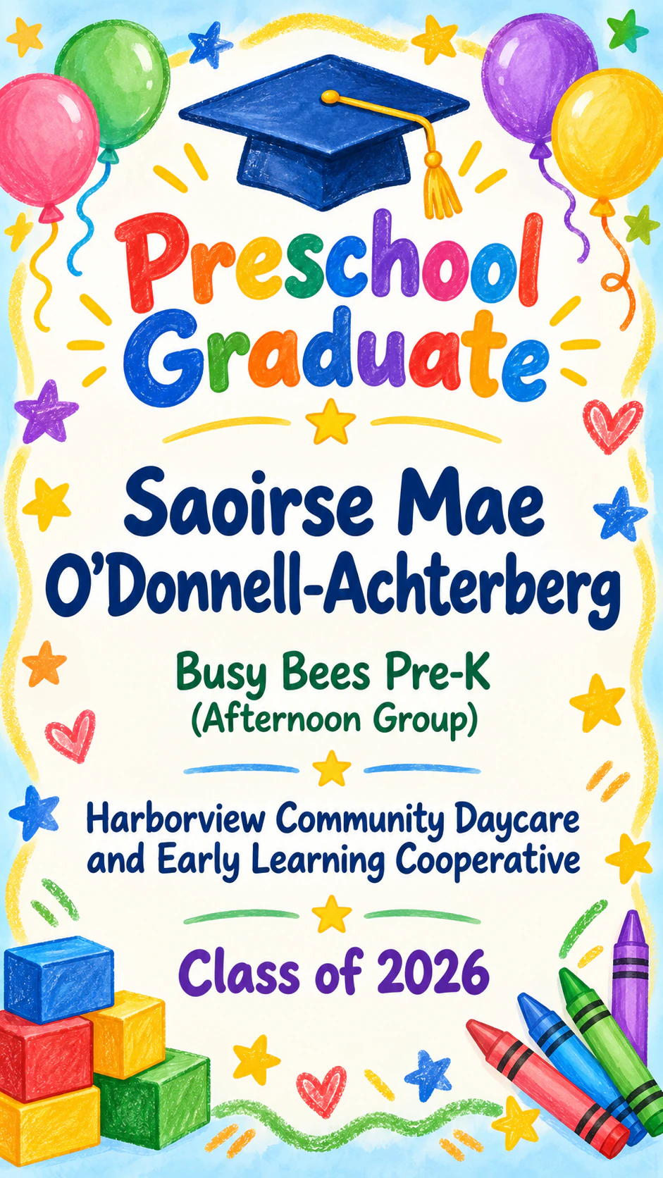 Preschool graduation keepsake certificate: Four-part name with an apostrophe, long daycare name, no teacher, portrait