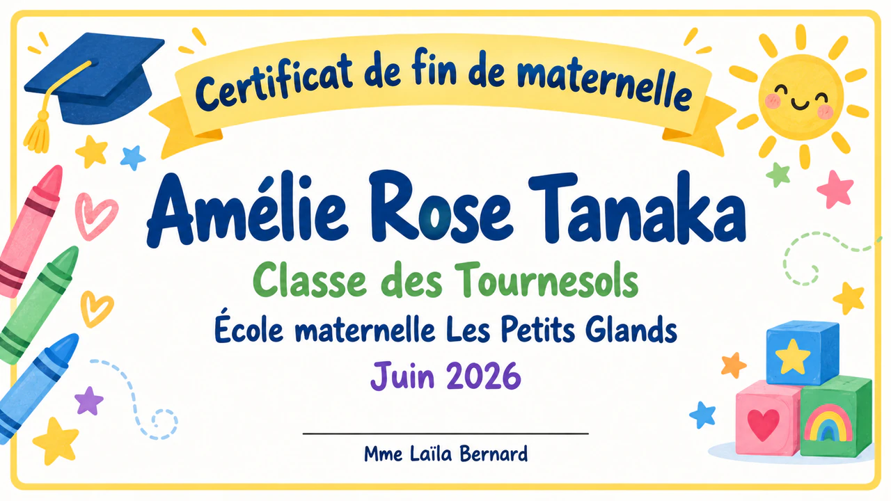 Exemple : Diplôme souvenir de fin de maternelle