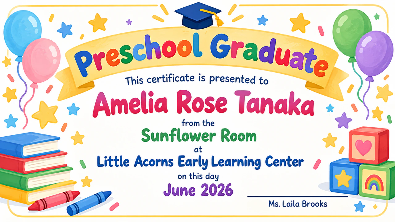 Preschool graduation keepsake certificate example