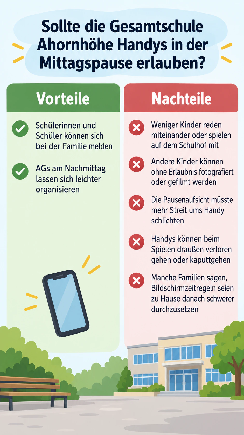 Infografik zum Vergleich von Pro und Contra: Zwei Pro, fünf lange Contra und keine Grundlage